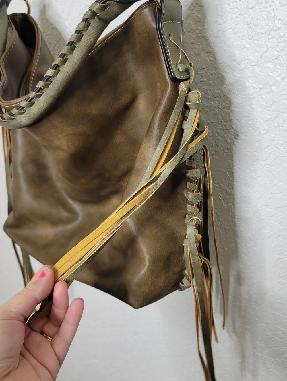 Shomico Leather Fringe Detail Shoulder Bag Crossbody Purse in Brown and Sage